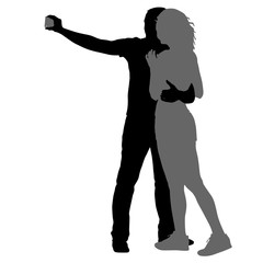 Silhouettes man and woman taking selfie with smartphone on white background. Vector illustration