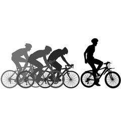 Silhouettes of racers on a bicycle, fight at the finish line