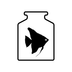 Black silhouette of aquarium fish in a jar with water on white background
