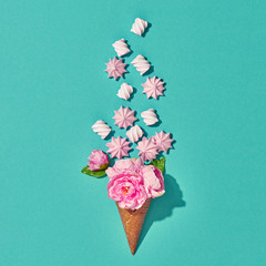 Marshmallow, Meringue, Flowers. Ice Cream Cone with Candies Sweets. Spring Party, Birthday concept. Bright Summer Color. Trendy fashion Style. Minimal. Art