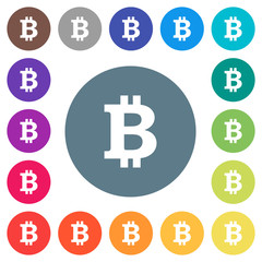 Bitcoin sign flat white icons on round color backgrounds