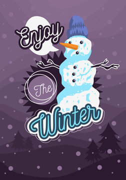 Winter Poster Flyer Card Cover Design With A Snowman With A Wool Hat Image And Winter Landscape.