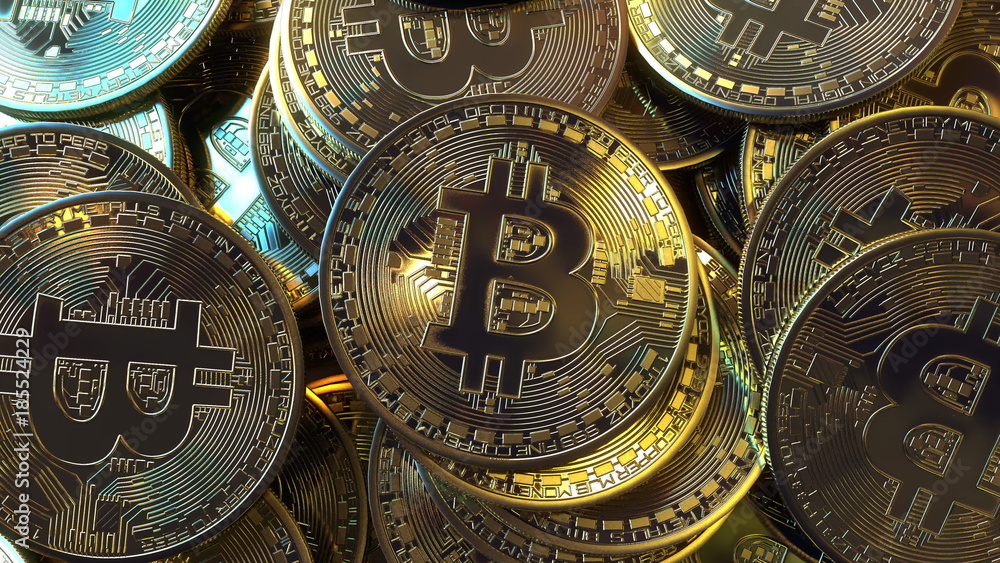 Poster bitcoin tokens pile close-up. 3d rendering