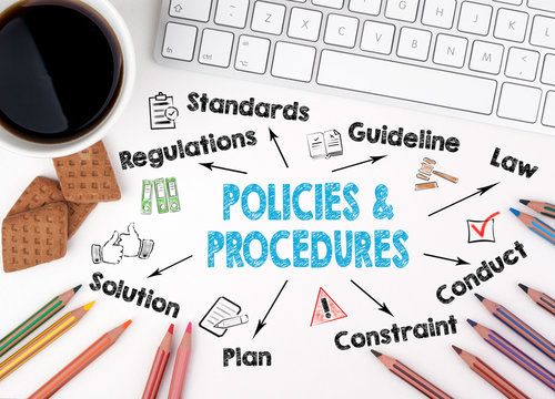 policies and procedures, Business Concept. Computer keyboard and cup of coffee on a white table.