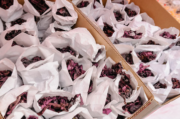 Bags containing Dulse, an edible seaweed, on sale at a market stall during the Ould Lammas Fair in...