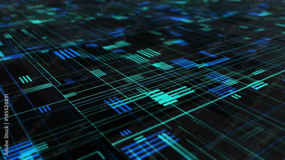Poster abstract high tech digital technology background made of particles and metallic plates. 3d animation