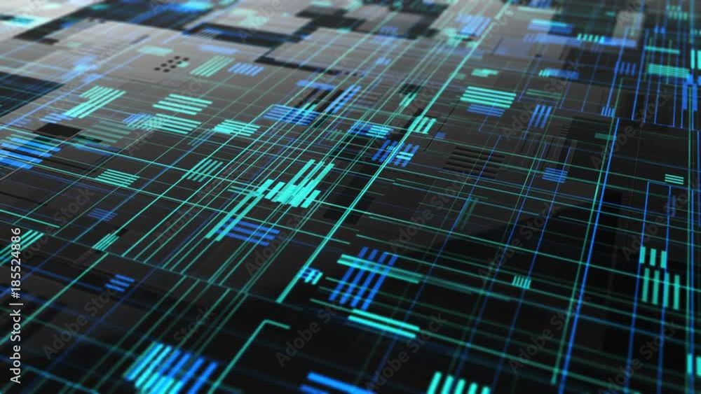 Poster abstract high tech digital technology background made of particles and metallic plates. 3d animation