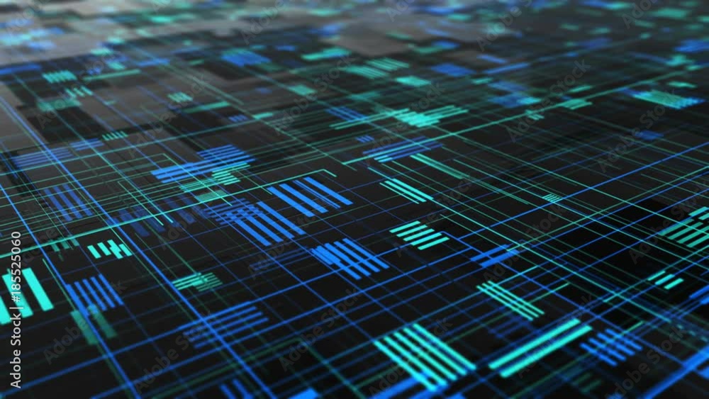 Poster abstract high tech digital technology background made of particles and metallic plates. 3d animation