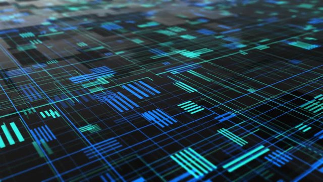 Abstract high tech digital technology background made of particles and metallic plates. 3D animation of seamless loop.