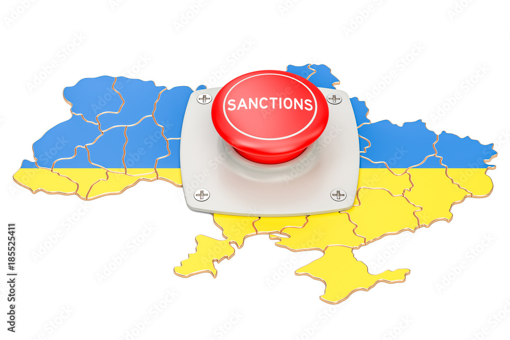 Poster sanctions button on map of ukraine, 3d rendering