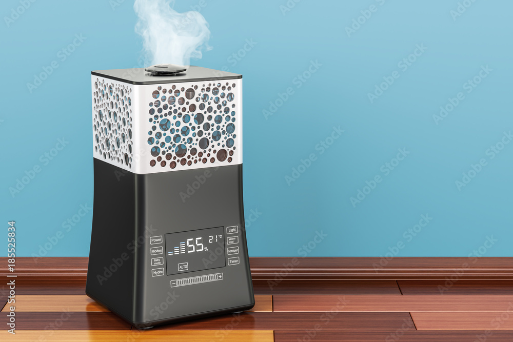 Poster working ultrasonic humidifier with fog, 3d rendering