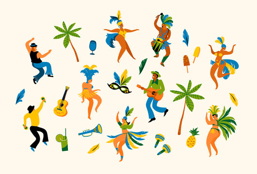 Brazil carnival. Vector illustration of funny dancing men and women in bright costumes