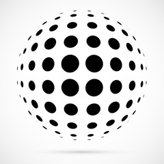 White 3D vector halftone sphere.Dotted spherical background.Logo template with shadow.Circle dots isolated on the white background.