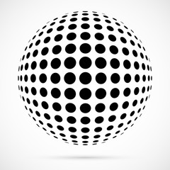 White 3D vector halftone sphere.Dotted spherical background.Logo template with shadow.Circle dots isolated on the white background.