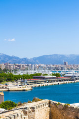 Fototapeta na wymiar Panoramic skyline view Palma Mallorca harbor in blue sky. 