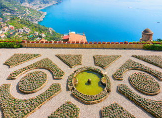 View from terrace on Tyrrhenian sea at Ravello village - obrazy, fototapety, plakaty