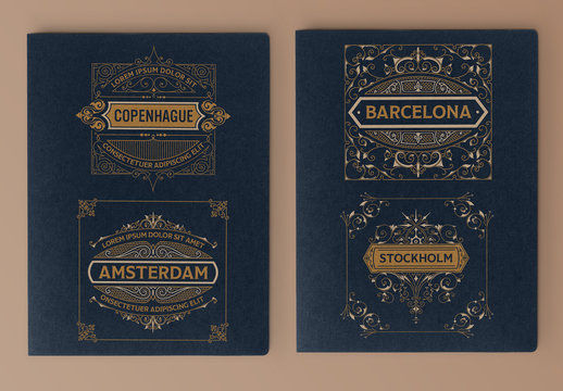 4 Vintage Labels in Blue and Gold