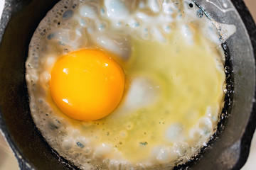 Close-up of fried eggs in a frying pan