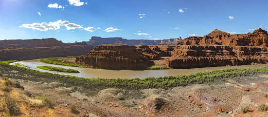 Late afternoon light on the Green River in Utah's canyonlands panorama