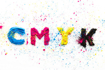 CMYK colour toner for printer cyan magenta yellow on white background - obrazy, fototapety, plakaty