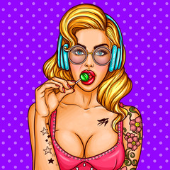 Vector pop art pin up sexy tattooed girl in headphones sucks lollipop. Blonde young woman in glasses, painted lips. Flirting female character with big breasts, advertising, sale posters illustration