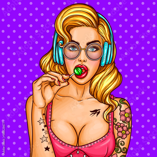 Girl In Headphones Tattooed Art Up Vector Pin Sexy Sucks Pop SzVpqUGM