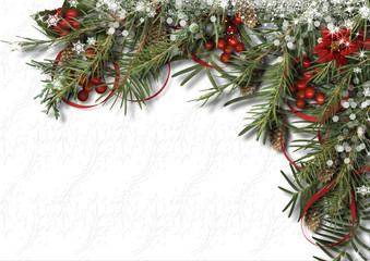 Fototapeta na wymiar Christmas white background with holly, poinsettia, cone and firtree