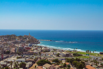 Fototapeta na wymiar Aerial view of south Tel Aviv neighborhoods and Old Jaffa