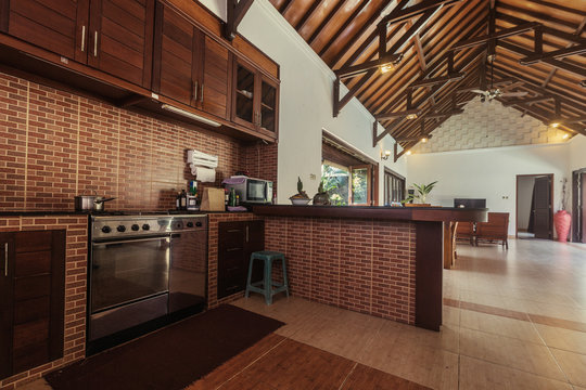 Luxury  kitchen with living room interior design in villa house