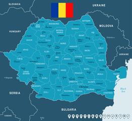 Obraz premium Romania - map and flag - Detailed Vector Illustration