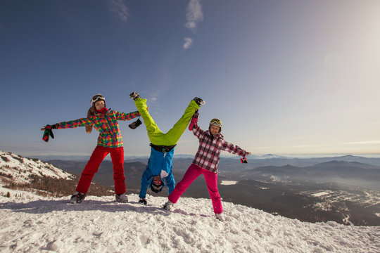 Snowboard people have fun in snow. Winter sport holiday mountains sky resort