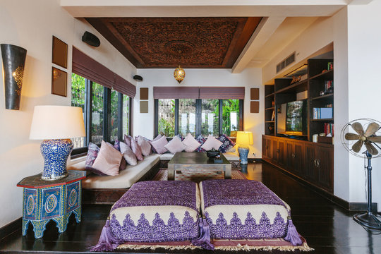 Luxury villa living room interior. Sea view