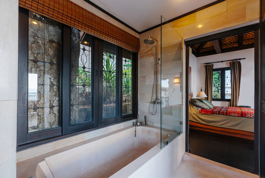 Bathroom and bedroom modern design interior in luxury villa