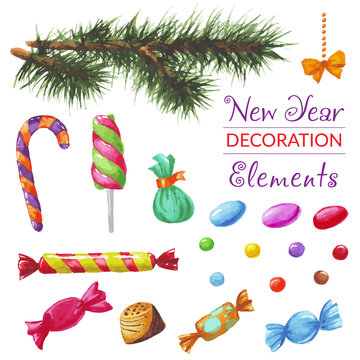 New Year Decoration Elements with watercolor hand drawn candies and tree branch