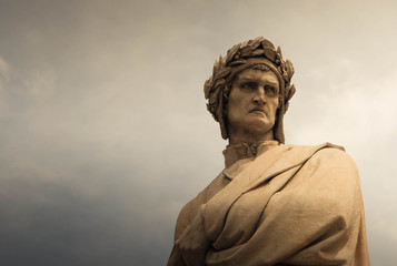 Statue of Dante Alighieri in Piazza Santa Croce, Florence, Italy. Bust shot, copy space, sepia...