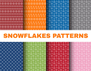 Simple Christmas patterns with snowflakes on colorful backgrounds, vector collection for Scrapbooking design. New Year scrap paper set, snowfall wallpaper