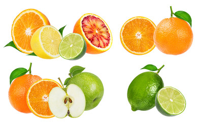 Citrus Fruit Set (orange, apple, lime, lemon) isolated on white background.