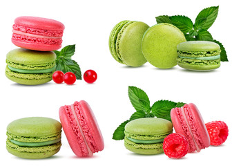 Macaroons mint and raspberries  isolated on white