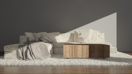 Modern living room with sofa (sitting)

Modern design of equipment, materials. Luxury wood highlight floor, Grey wall. Comfortable sofa with a pleasant softly hairy carpet. Beautifully all sunlit.