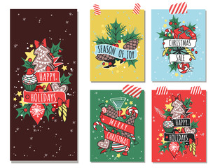 Christmas greeting card vector background banner holidays winter xmas hand draw congratulation New Year brochure illustration.