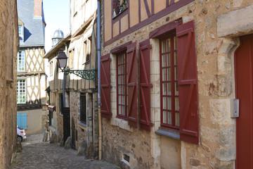 Narrow streets with medieval half-timbered houses