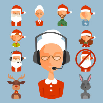 Santa Claus avatar face characters vector face avatars like santa claus, elf, deer, snowman illustration
