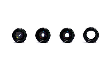 Front view of photo camera lens with shutter on white background.