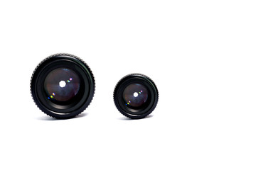Front view of photo camera lens with shutter on white background.