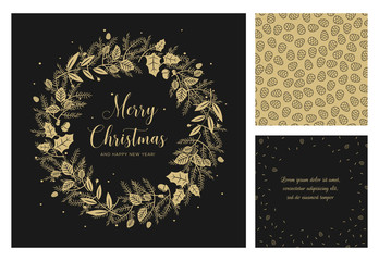 Merry Christmas and Happy New Year greeting card. Wreath with gold berries, leaves, pine branches and fir cones. Round frame for winter design on black background. Vector illustration in modern style