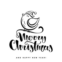 Merry Christmas vector text. Handwritten lettering and bird in Santa Claus hat on white background. Creative typography for Holiday Greeting Gift Card.