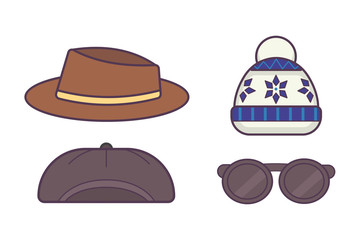 Winter set of hats for boys and girls in cold weather. glasses icon.