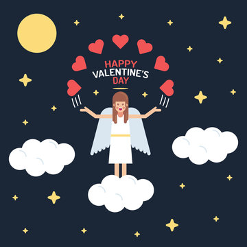 Valentine day angel on cloun and star sky with his hand up and love icon Icons are arranged in a semicircle above the head and arrow