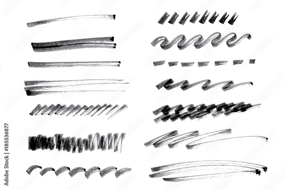 Poster vector set of ink pen brush strokes. grayscale design elements. different kinds of lines drawn by ha
