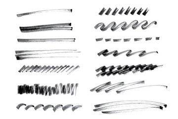 Obraz premium Vector set of ink pen brush strokes. Grayscale design elements. Different kinds of lines drawn by hand. Brushed elements.